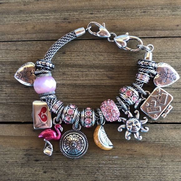Brighton Pink & Silver Plated Slide Charm Bracelet 17 Charms! EUC - Picture 2 of 14